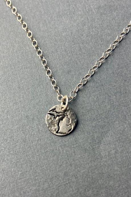 Mini Michigan State Pride Proud Hammered Silver Tiny Small Petite Pendant Chain Necklace