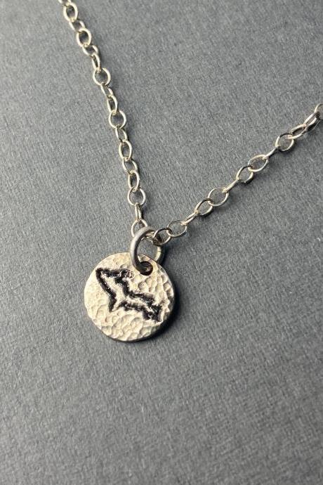 Mini Yooper Upper Peninsula Michigan U.P. State Hammered Silver Tiny Small Petite Pendant Chain Necklace