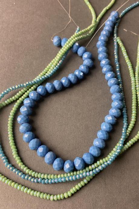 Lot of 4 Strands Shades of Blue & Green Crystal Strand Bead Crochet #57