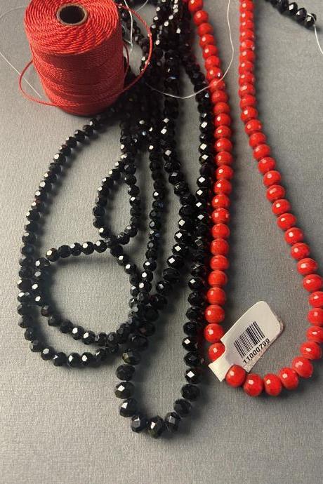 Lot of 4 Strands Black Jet Red Velvet Crystal Strand Bead Crochet Kit #12