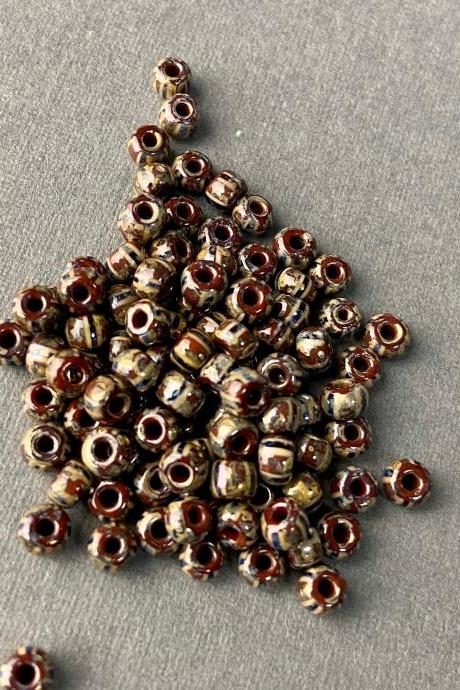 6/0 Aged Picasso Black White Striped Czech Seed Bead Metallic Oil Slick Brown 93050