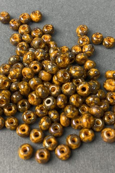 Czech Aged Picasso Goldenrod Yellow Gloss AB 93110 6/0 Seed Bead Limited