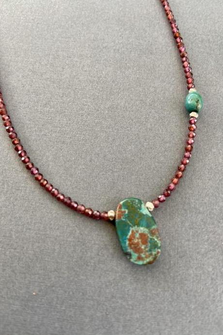 Petite Micro Faceted Garnet Arizona Chrysocolla Turquoise Sterling Necklace Adjustable