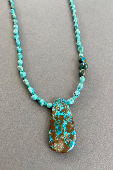 Long Boho Turquoise and Arizona Chrysocolla Necklace Nuggets Sterling Blue