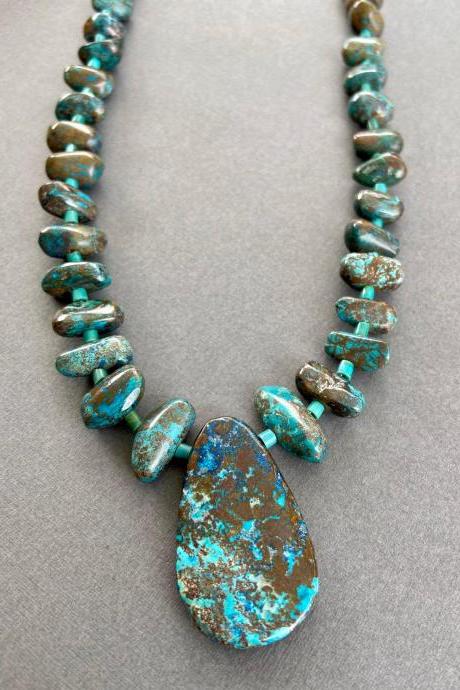 Arizona Chrysocolla Chunky Boho Turquoise Sterling Necklace Statement