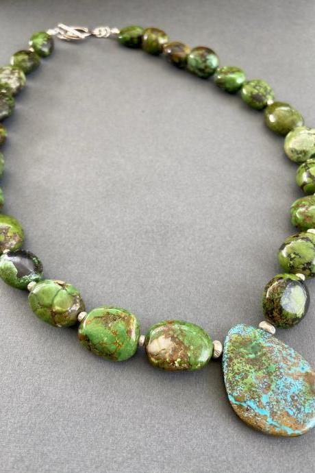 Natural Green Turquoise Arizona Chrysocolla Sterling Silver Chunky Necklace