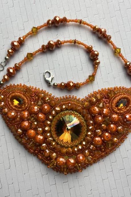 Bold Orange Statement Bib Necklace Bead Embroidered Swarovski Crystal