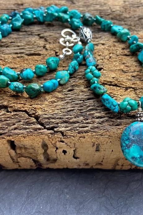 Turquoise Sterling Silver Asymmetrical Nugget Southwest Blue Green Classic Necklace