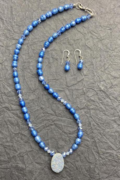 Periwinkle Blue Pearl Sterling Silver Druzy Quartz Swarovski Crystal Necklace Earring Set