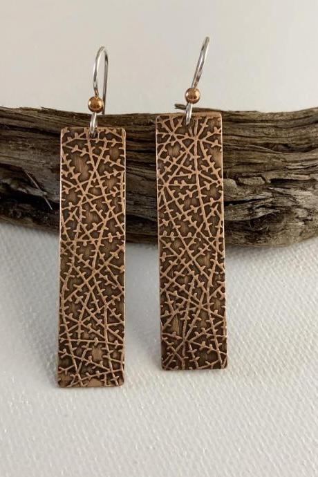 Thorn Bush Long Rectangle Drop Dangle Copper Patterned Earrings Earthy Natural Boho