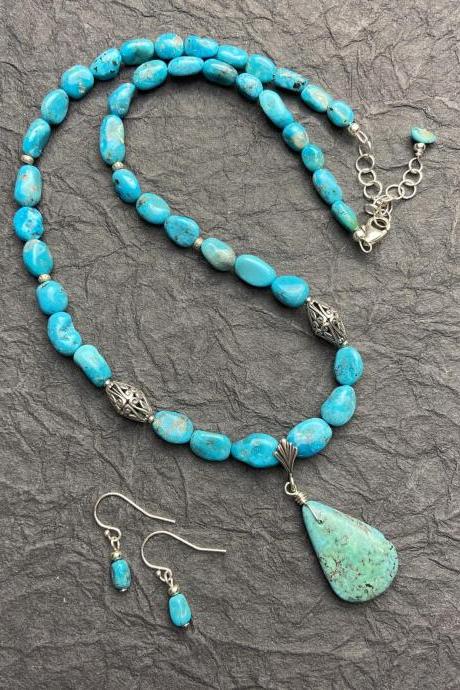 Sleeping Beauty Blue Turquoise Sterling Silver Necklace and Earring Set Arizona USA Mined