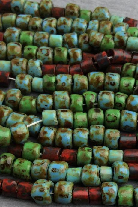Czech 5/0 Aged Picasso Seed Beads Turquoise Red Big Large Hole