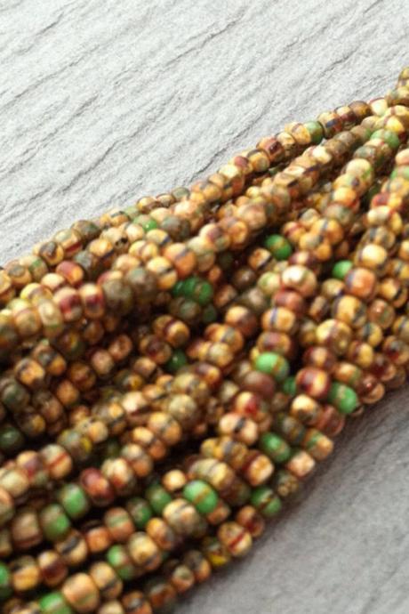 Czech 11/0 Seed Beads Aged Picasso Stripe Green Earth Tone Mix Brown Tan
