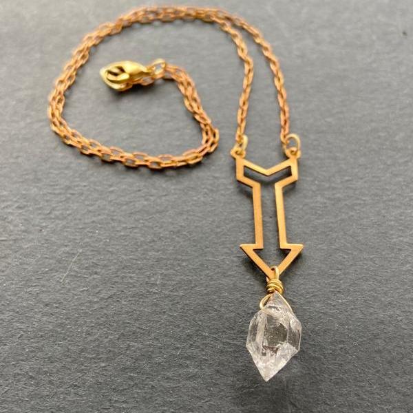 Herkimer Diamond Brass Down Arrow Double Terminated Quartz Crystal Point New Direction Gold on