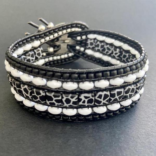 KIT Black and White Giraffe Wide Leather Beaded Cuff Kit by Leila Martin Bohemian DIY Complete Kit with Tutorial NO Tools #43