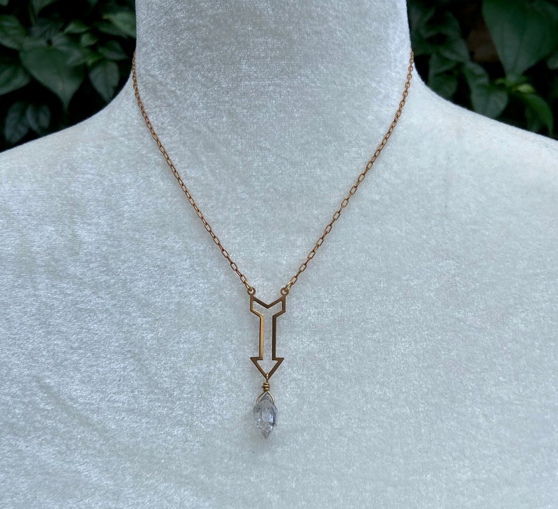 Herkimer Diamond Brass Down Arrow Double Terminated Quartz Crystal Point New Direction Gold on
