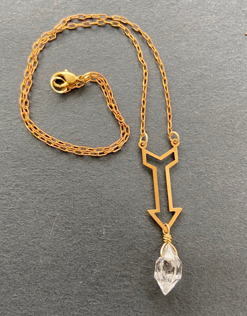 Herkimer Diamond Brass Down Arrow Double Terminated Quartz Crystal Point New Direction Gold on